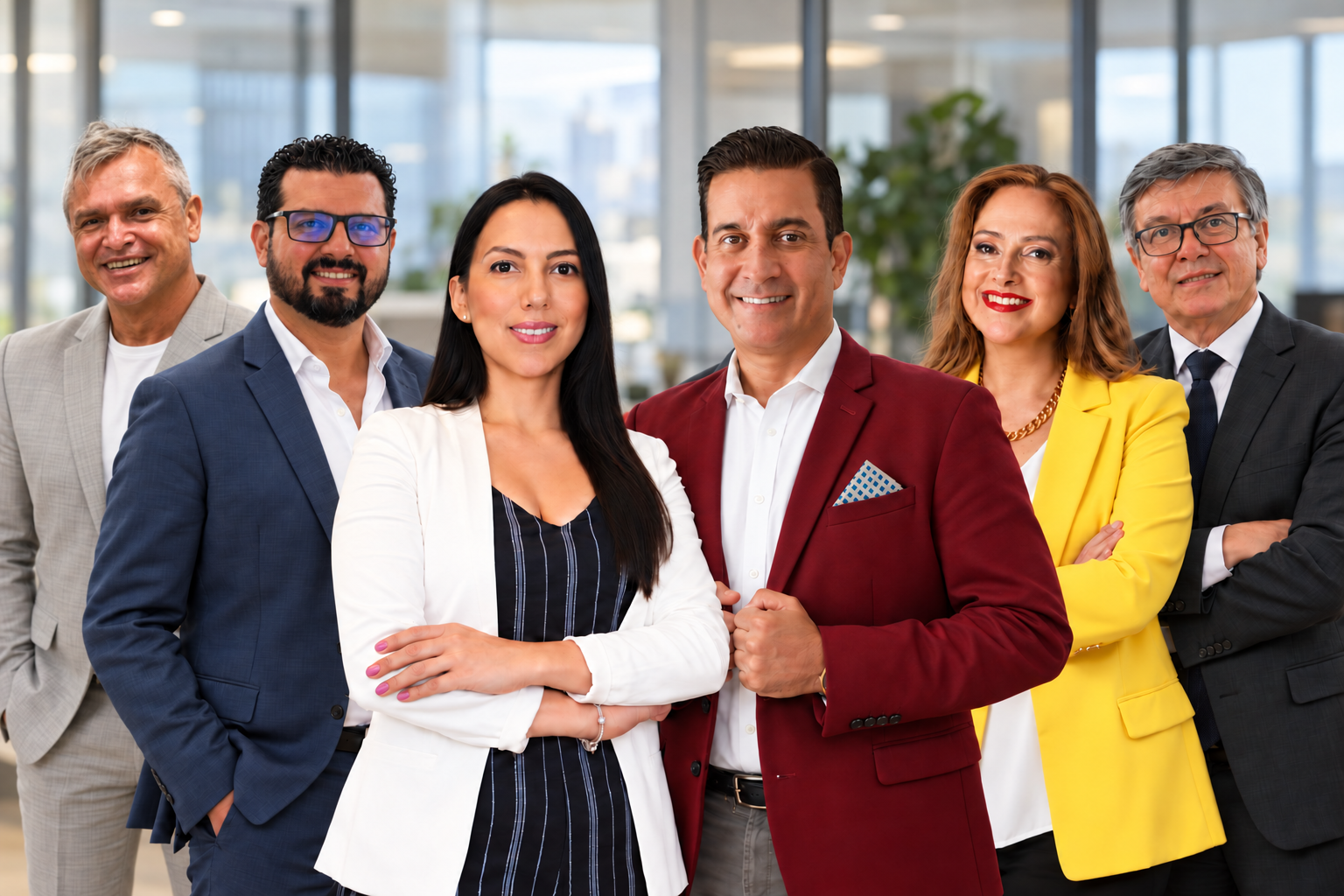 Composición del equipo GVC en una oficina contemporánea: Cristopher, Andrés, Beatriz, Raúl, Ti Leal y Héctor