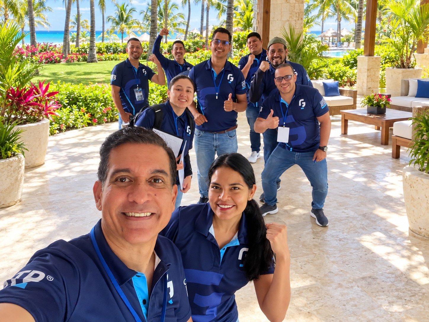 Raúl Gamboa y su equipo; fondo tropical editado